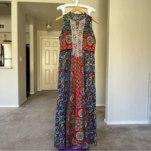 Boho Maxi Thai Ethnic Embroidered V Neckline Bohemian sleeveless Floral Dress S